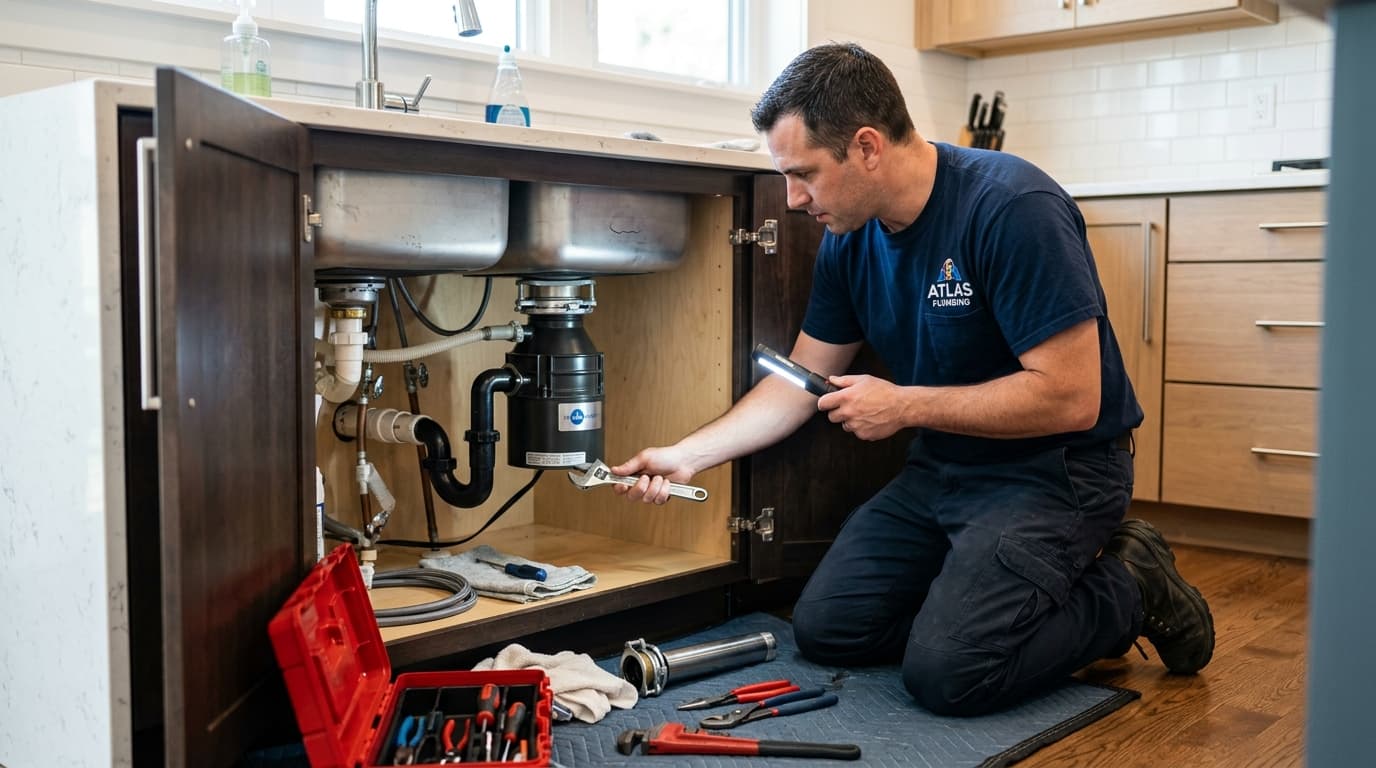 Professional plumber inspecting a residential kitchen garbage disposal unit.