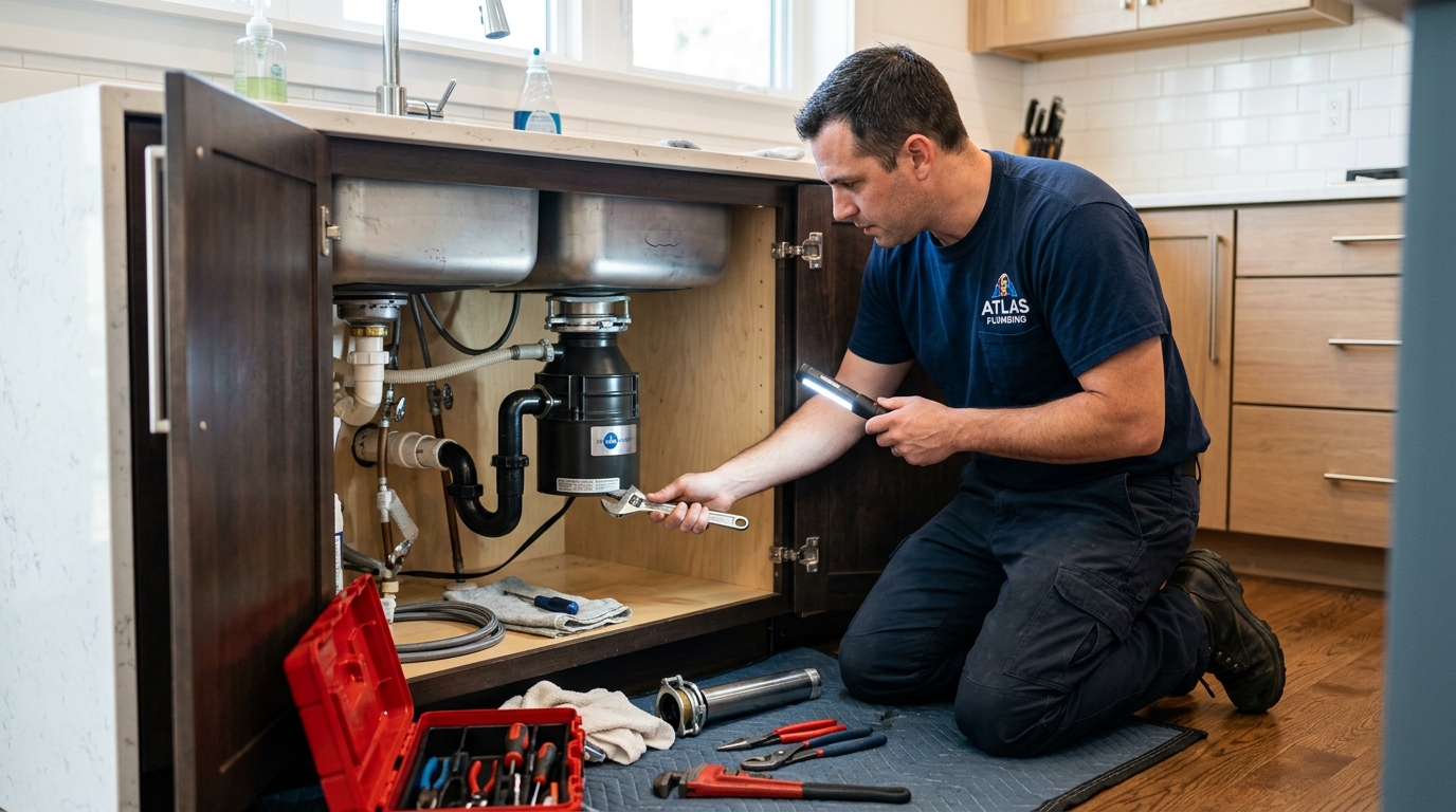 Professional plumber inspecting a residential kitchen garbage disposal unit.