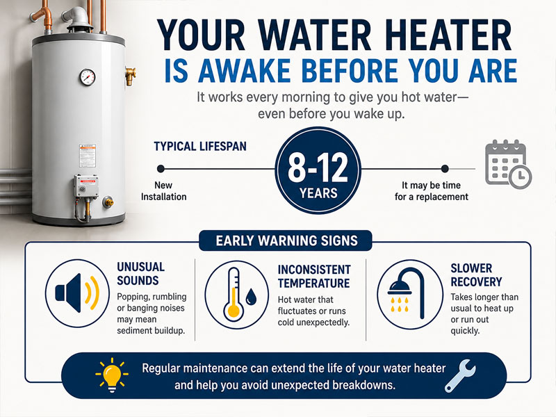 Infographic showing a residential water heater's typical 8 to 12 year lifespan and early warning signs including unusual sounds, inconsistent temperature, and slower recovery --- from Atlas Plumbing and Mechanical